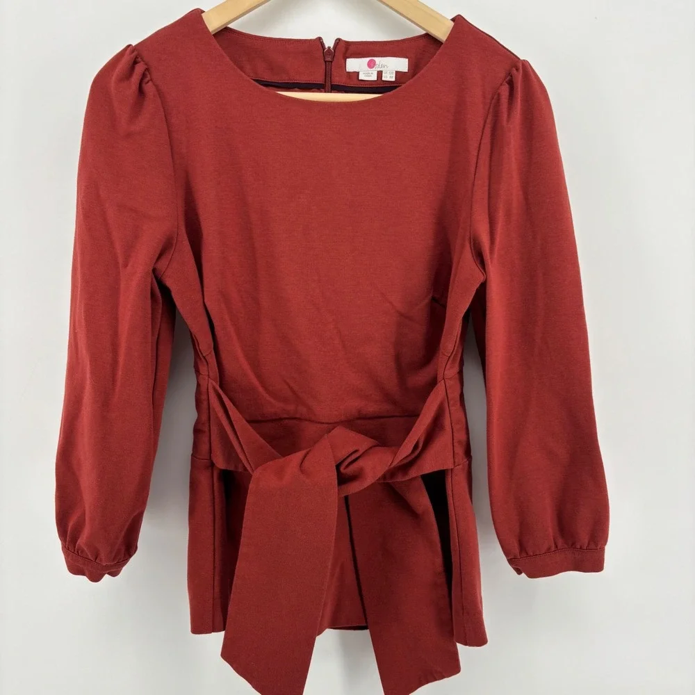 Boden Tie Waist Jersey Blouse Women 8 Red Puff Sleeve Boat Neck Top Classy Retro
